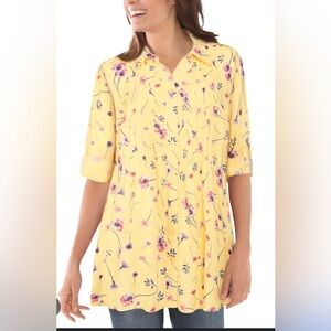 Woman Within Popover TunIc Top Yellow Floral Size 5X  (38/40)  Office 3/4 Sleeve